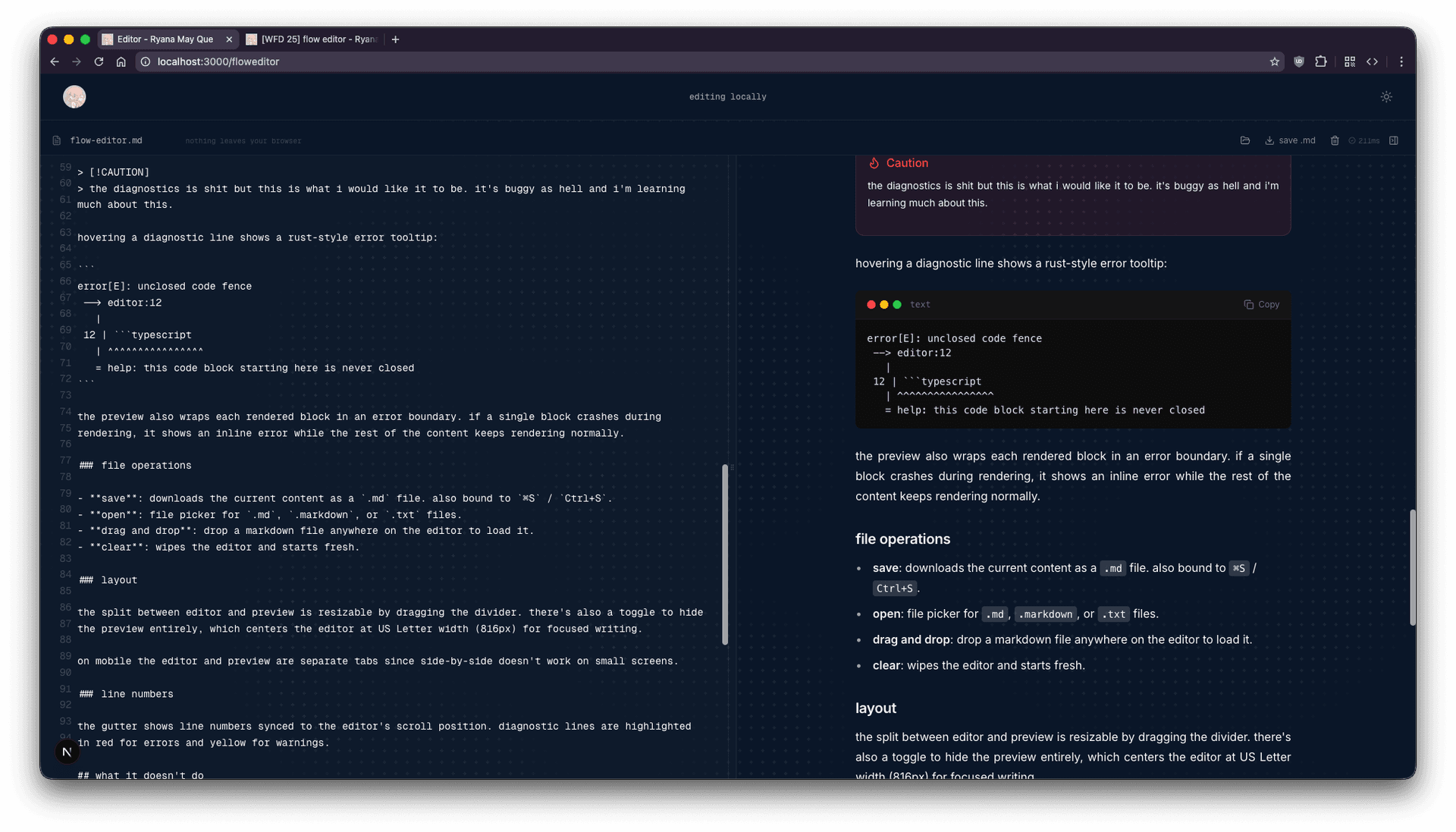 the flow editor with side-by-side editing and live preview