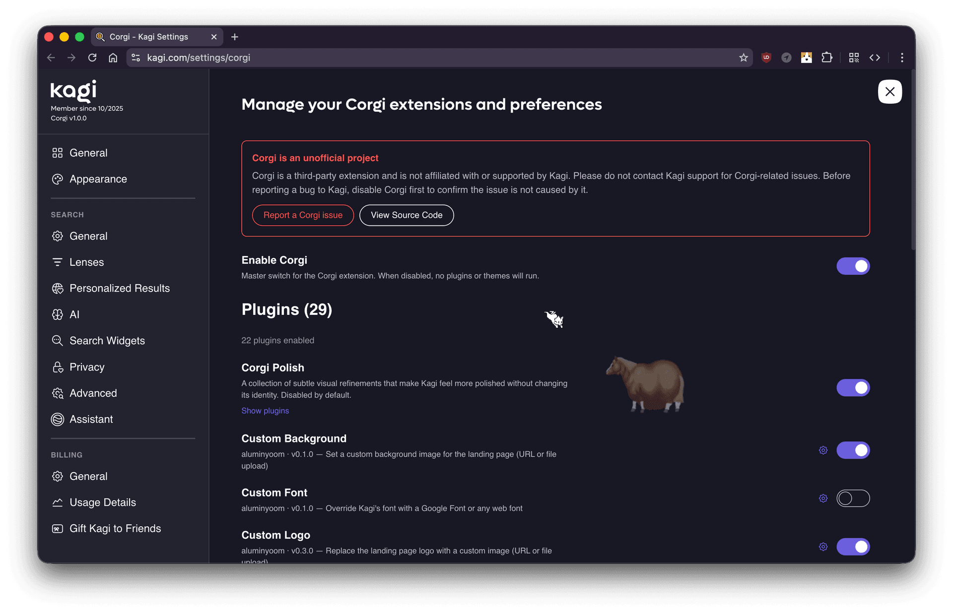 Corgi's settings page embedded inside Kagi