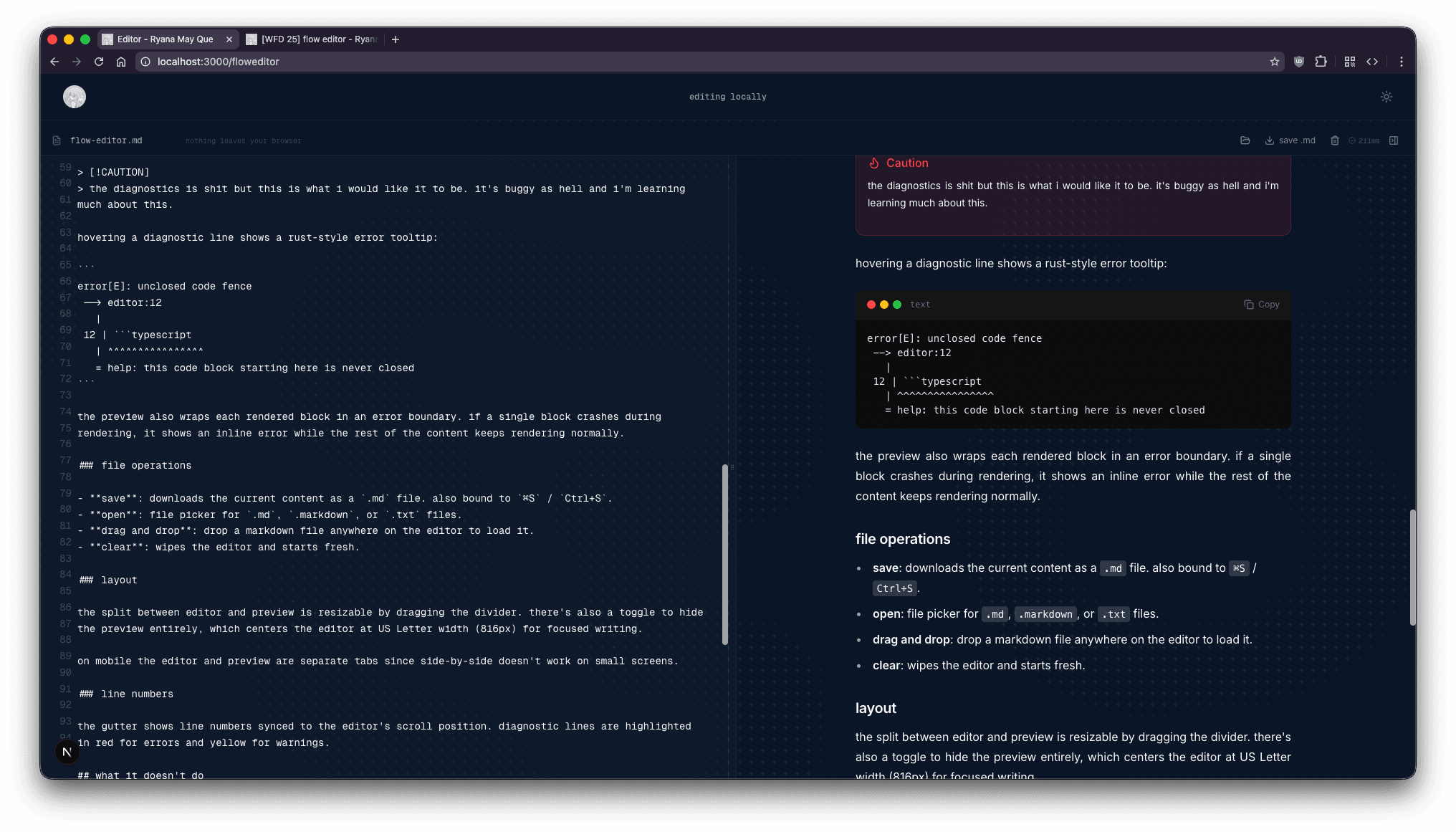 the flow editor with side-by-side editing and live preview