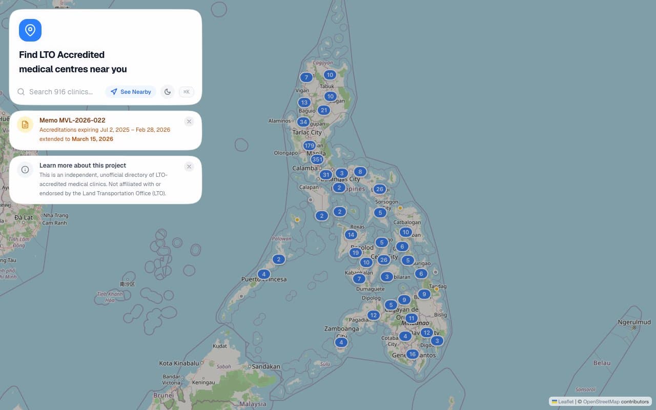 map interface for locating lto-accredited medical clinics