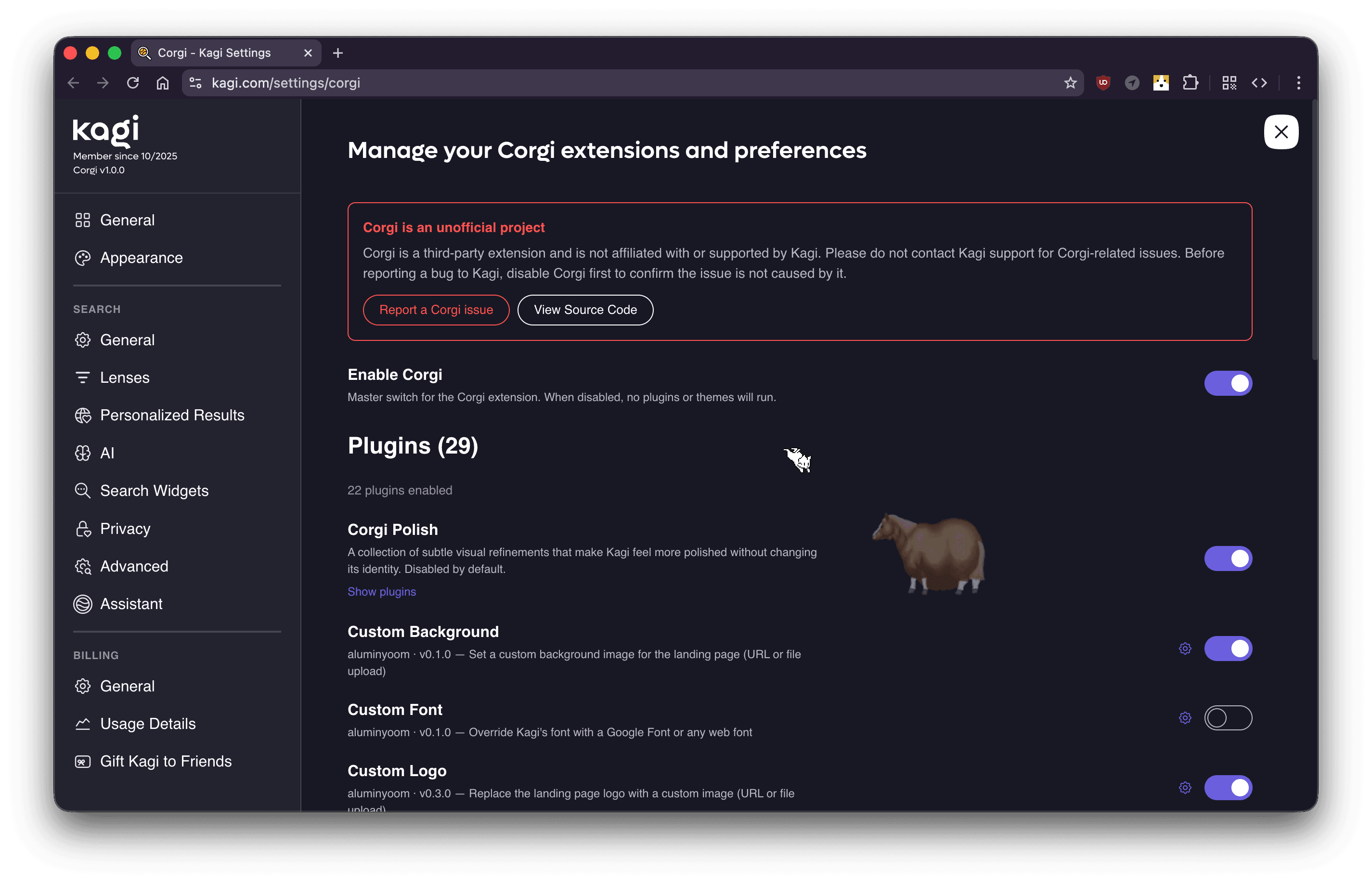 Corgi's settings page embedded inside Kagi