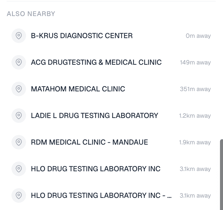 nearby clinics shown from a clinic's detail card