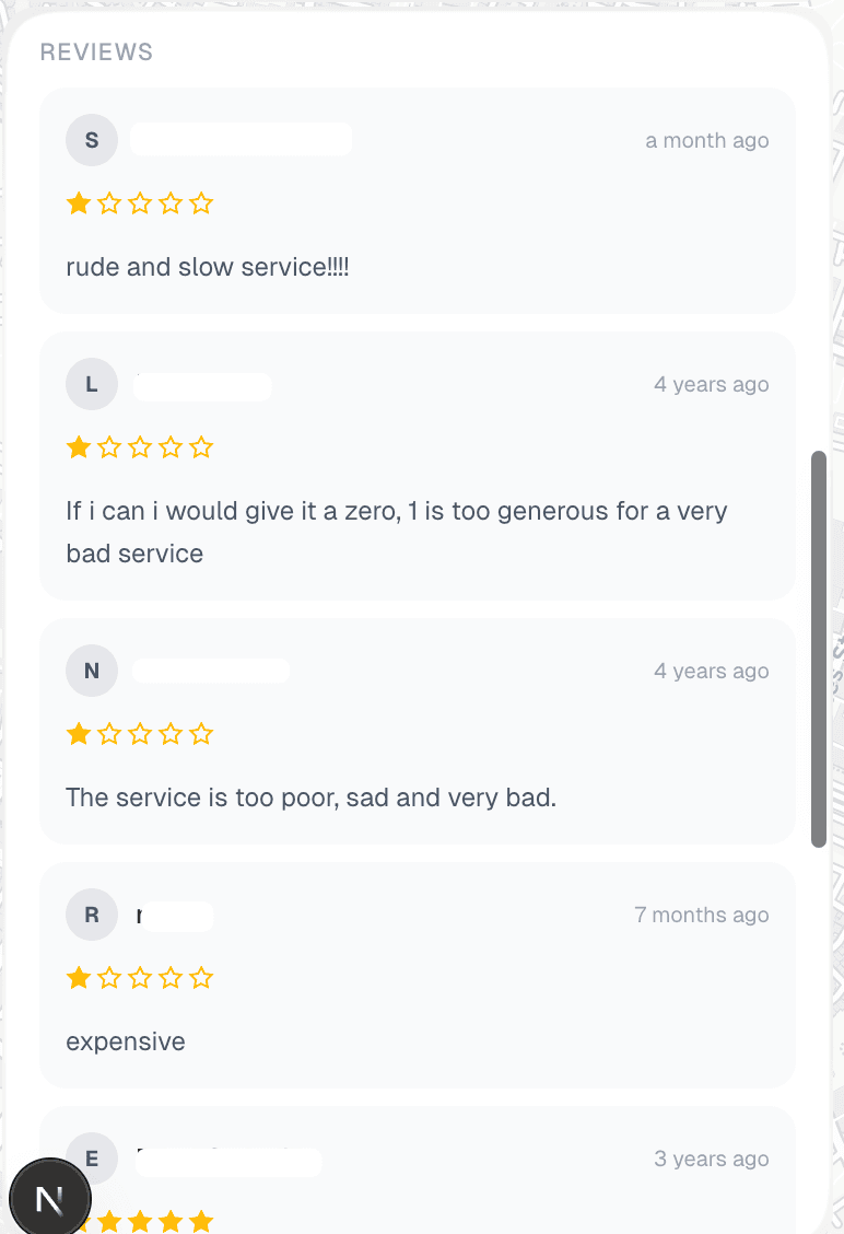 public reviews pulled from Google