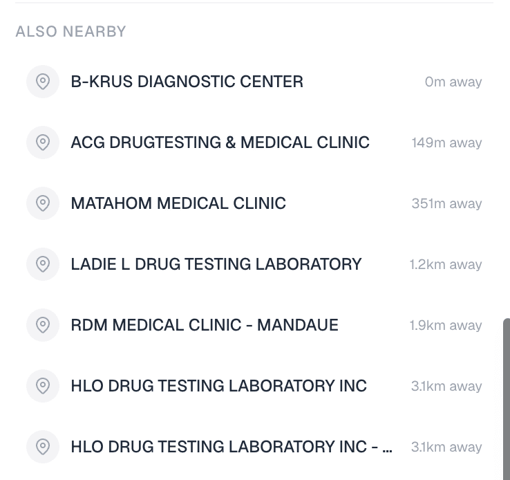 nearby clinics shown from a clinic's detail card