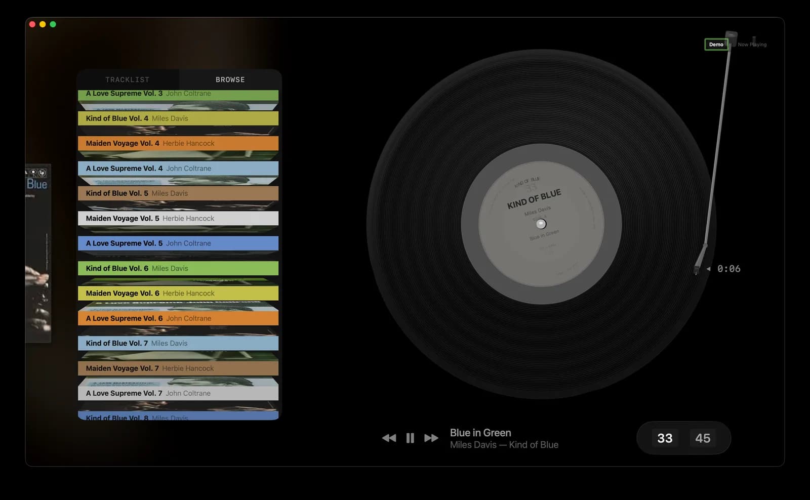 browse on the left, record player on the right. finally