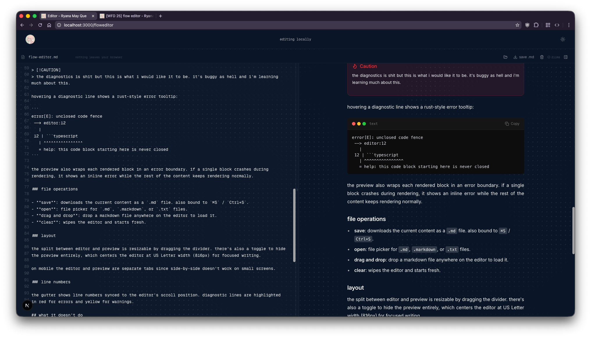 the flow editor with side-by-side editing and live preview
